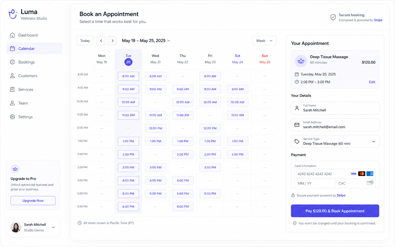 Self-service booking system showing a weekly calendar with appointment slots and Stripe payment checkout.